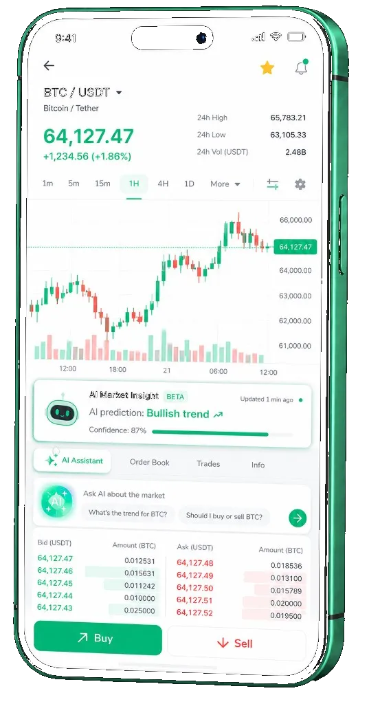 Firm Vestode trading platform on mobile — live BTC/USDT chart, order book, and buy/sell interface